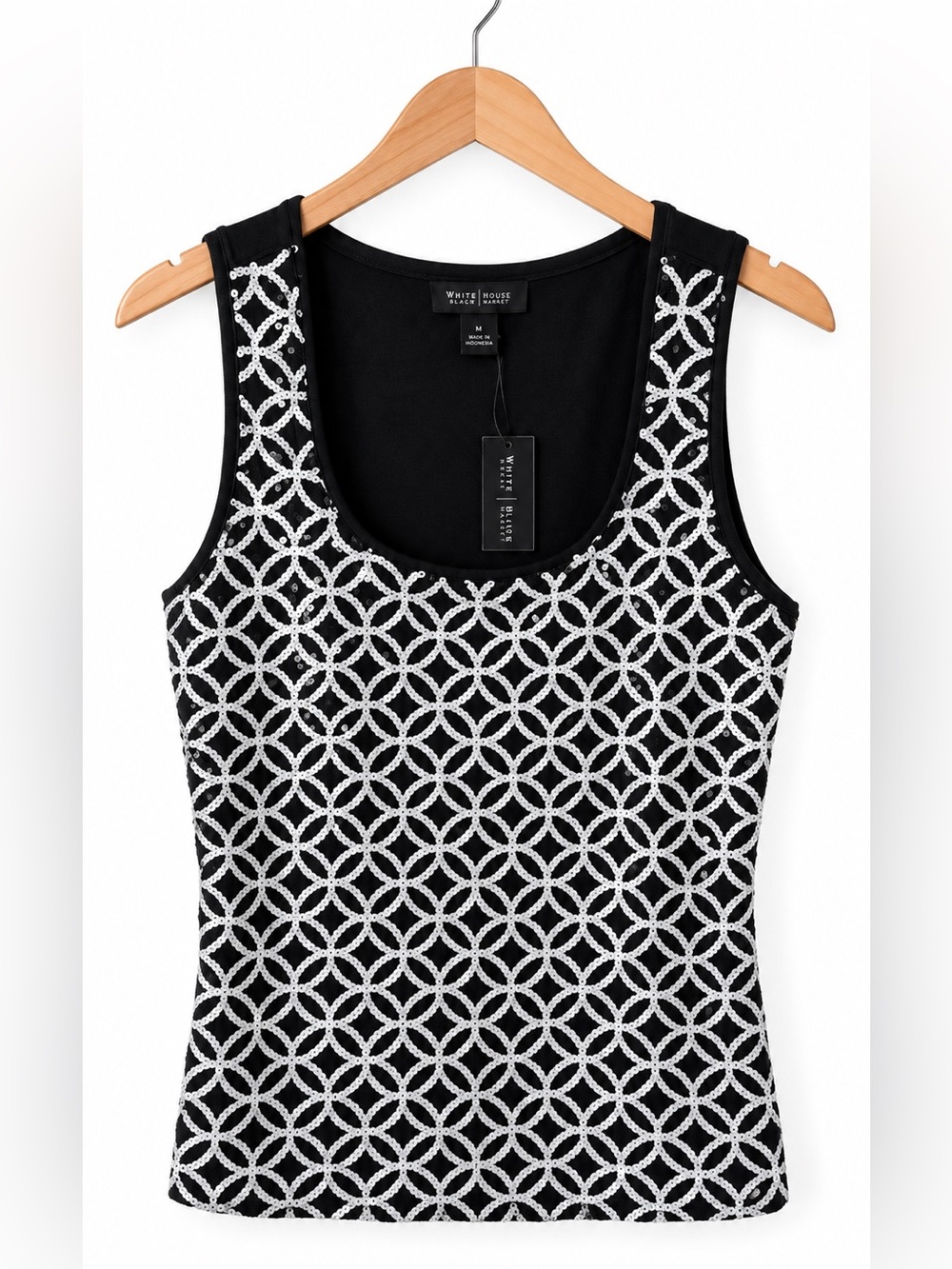 White House Black Market Black White Sequin Geometric Tank Top NWT Medium Party